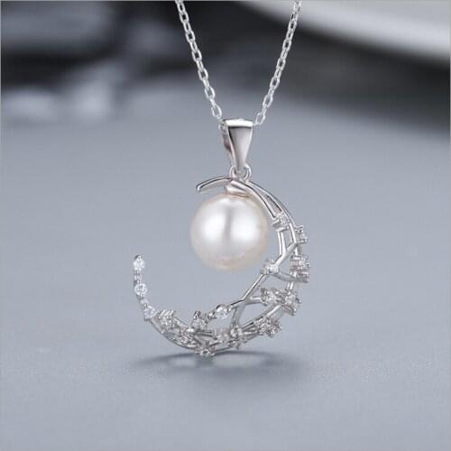 925 Silver Natural Freshwater Pearl Crystal Moon Necklace for Women Kids Jewelry Gold Pendant Necklace Fashion 2019 Colar Zircon
