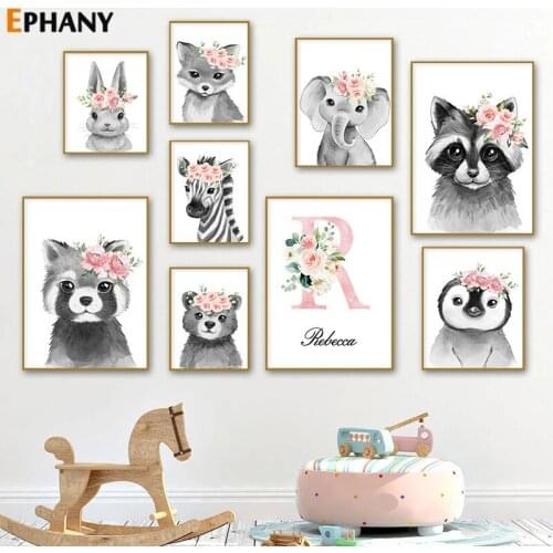 Personalized Print Poster Baby Name Custom Canvas Painting Nursery Pink Flowers Animal Wall Pictures for Girls Room Decor