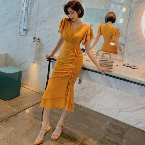 Sheer Casual Womens Dresses New Arrival 2020 Short Sleeve Corset Drawstring Yellow Dress Woman Casual Ruffle Dress Summer 2020