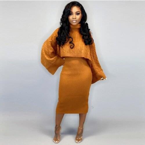 Turtleneck Long Sleeve Sweater Dress Women Autumn Winter Dress Loose Tunic Top Knit Rib Warm Two Piece Dresses Party Midi Dress