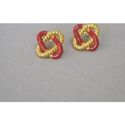 Korean version niche texture handmade red enamel twist knot 925 silver needle earrings accessories female