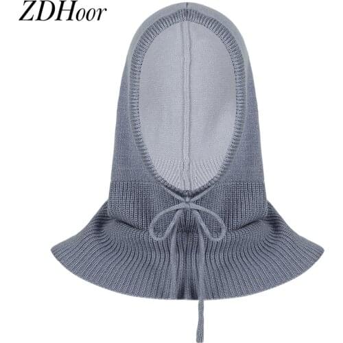 Women Men Hooded Bonnet Autumn Winter Warm Cashmere Neck Collar Cap Knit Elastic Head Cover Beanie Adjustable Drawstring Ski Hat
