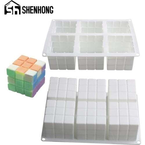 SHENHONG Rubiks Mousse Pan 6 Cavity Magic Cube Silicone Cake Molds Candle and Soap Mold Pastry Dessert Bakeware Baking Tools