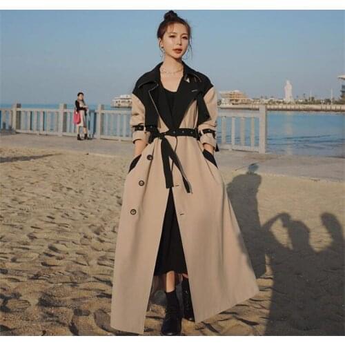 Stitching trench coats womens windbreaker new style mid-length retro super long spring and autumn coat пальто женское осень