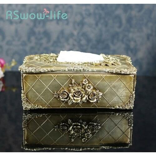 Creative Home Decoration Rose Resin Tissue Box Light Luxury Champagne Napkin Holder Box Desktop Crafts For Tissue Storage Boxes