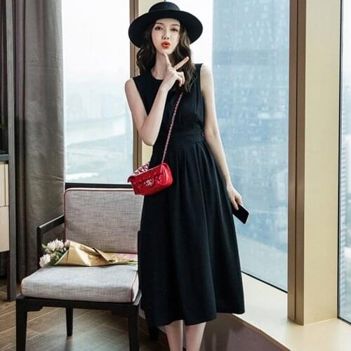 New Arrival Fashion Summer Korean Style Midi Party Dress Ladies Temperament Casual Sexy Sleeveless Black Pleated Beach Dress