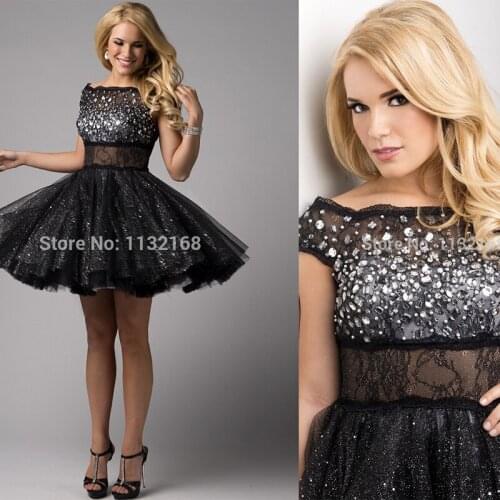 Gorgeous Scalloped Black silver dots tulle A-line mini homecoming dresses rhinestones,Cheap mini length prom dress party dress