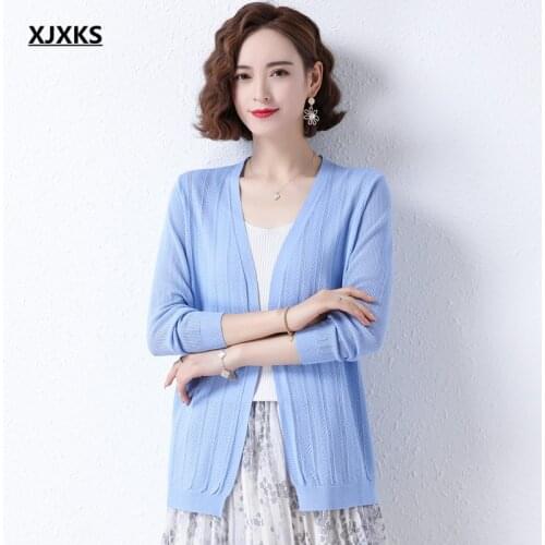 XJXKS Fashion V-neck Women Summer Cardigan Sunscreen Clothes 2021 New High Quality Comfortable Thin Knitted Sweater