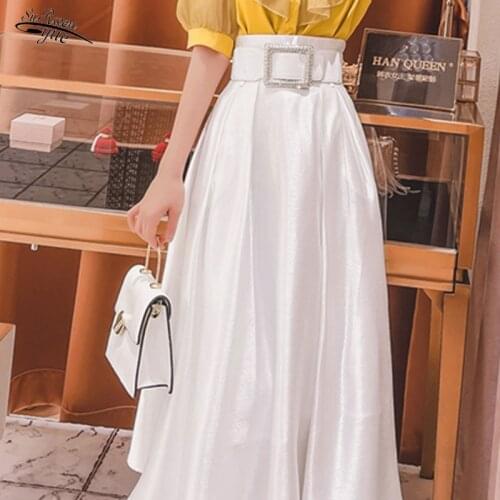 Summer new style skirt female solid color loose mid-length retro A-line skirt high waist white skirt Zhu Pei long section 15511
