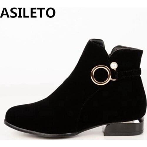 ASILETO Womens ankle boots Flats Female mujer Zipper Flock Solid Metal decoration Simple and Generous Black Boats 2022 S2406