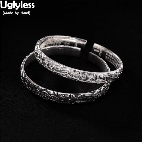 Uglyless Handmade Peony Bangles for Women Thai Silver Floral Open Bangles Solid 99.9% Silver Buddhism Jewelry Heart Sutra Bijoux