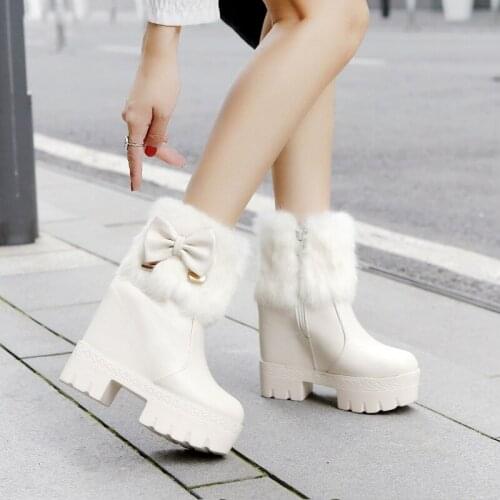 Winter boots women 2019 New high platform women Shoes Real Rabbit plush Butterfly Knot High-heeled ankle boots for women