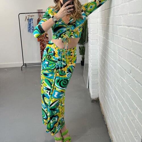 XEASY 2021 Summer Women Beach Style Print V-Neck Vintage Casual Shirring Short Shirts Female Slim High Waist Folds Skirt Set