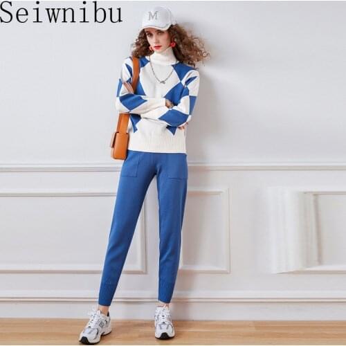 Casual Turtleneck Contrast Stitching Geometric Long Sleeved Sweater Tops + Harlan Pants Womens Autumn And Winter Two-Piece Sets