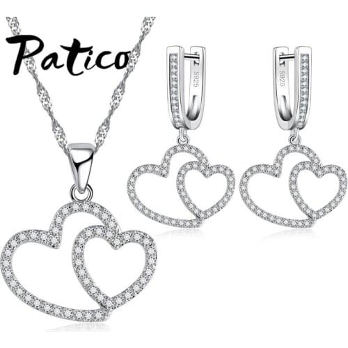 Romantic Double Hollow Love Heart Design Jewelry Sets 925 Sterling Silver for Women Bridal Wedding Necklace Earrings