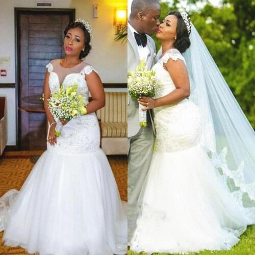 Plus Size Wedding Dress Mermaid Cap Sleeve Sheer Neck Beading Appliqued Lace Tulle Floor Length Bridal Gowns Vestido de Noiva