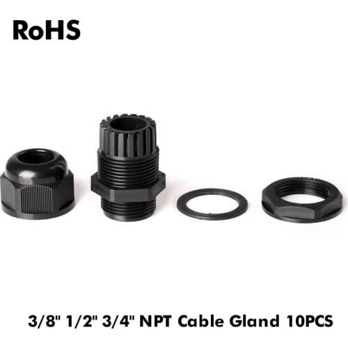10pcs IP68 3/8"NPT 1/2"NPT 3/4"NPT Wire Cable CE White Black Waterproof Nylon Plastic Cable Gland Connector