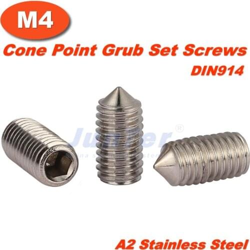 100pcs/lot M4(4mm) A2 Stainless Steel Cone Point Grub Hex Socket Set Screws DIN914