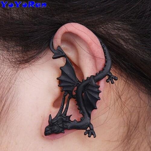 6Piece Retro Punk dragon wing clip earrings unisex ear cuff black 3 color antique Dinosaur single animal earring jewelry