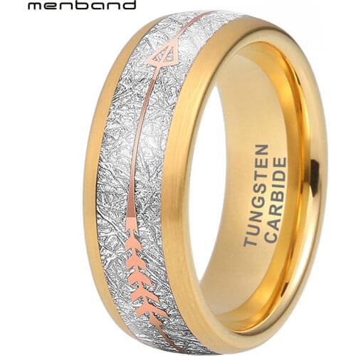 8MM Yellow Gold Tungsten Wedding Bands Ring For Men Women Arrow And Meteorite Inlay Brushed Finish Comfort Fit