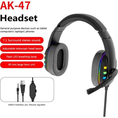AK47 Colorful Wired Gaming Headphones With Glow LED Noise Reduction Wired Computer Headphone With Mic Stereo Bass Gaming Headset