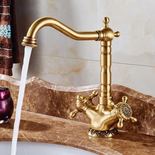 Antique Brass Bathroom Basin Faucet Sink Mixer Taps Hot Cold Water tap Double Cross Handle Swivel Spout