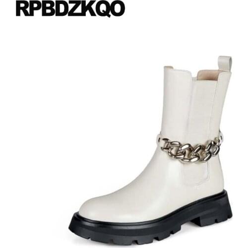 Muffin Chelsea Beige Metal Flatform Punk Rock Boots Shoes Ankle Creepers Harajuku Elevator Chunky Women Chain Platform Demonia