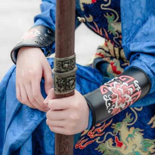 Hanfu Black Wristband Men PU Leater Bundle Sleeve Archery Guard Embroidery Wristband Cosplay Hanfu Accessories Wristband Men