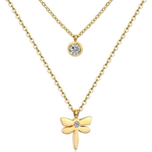 LUXUKISSKIDS Stainless Steel Double Gold Steel Choker Chain Necklace Women Dragonfly Pendant Chain Necklace Collier 2021 collar