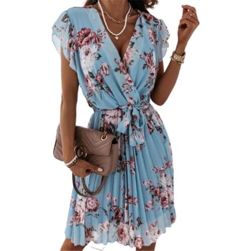 Elegant Ruffle Boho Flower Dress Summer Women Short Sleeve V-Neck Belt Midi Party Dresses 2021 Fashion Street Clothes Vestidos