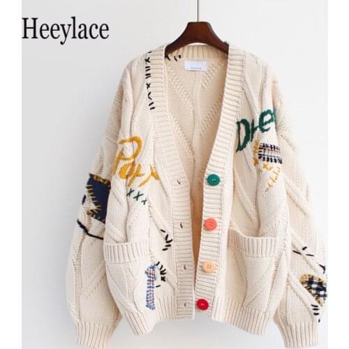 2021 Autumn Winter Women Cardigan Warm Knitted Sweater Jacket Pocket Embroidery Fashion Knit Cardigans Coat Lady Loose Sweaters