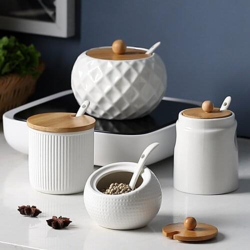 Ceramic seasoning pot kitchen supplies box household combination kitchen supplies bottle oil salt pot, with bamboo base 3 sets