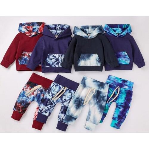 Baby Boys Girls Fashion Tie-dye Print Clothing Set Newborn Kids Autumn Outfits Hooded Long Sleeve T-shirts Tops+Pants Sets 0-12M