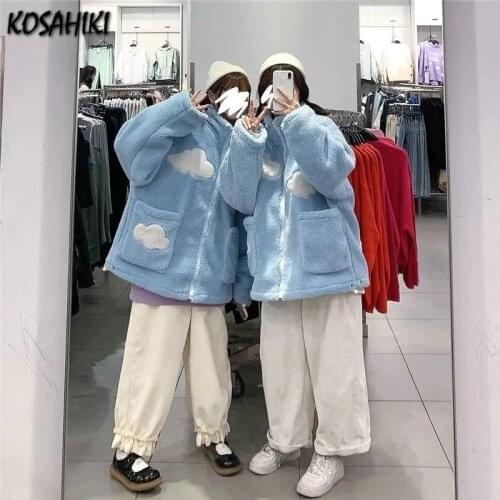 KOSAHIKI Fleece Jackets Women AutumnWinter Loose Harajuku Leisure Ulzzang Chic Simple Ladies Lovely Friends Soft Ins Outwear