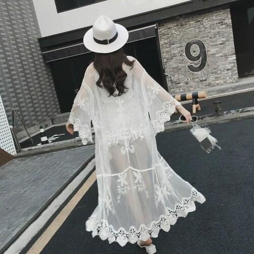 Summer Women See-through Lace Floral Long Top Cardigan Kimono Coat Outwear Beach