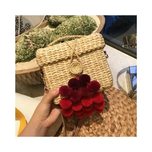 Summer Travel Handbags Drawstring Basket Bag leisureTote Hair ball lace Bohemian Beach Bag for Women retro Handmade Straw Bags