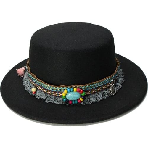 LUCKYLIANJI Women Men Vintage 100% Wool Wide Brim Cap Pork Pie Porkpie Bowler Hat Tassel Turquoise Leather Band (57cm/Adjusted)