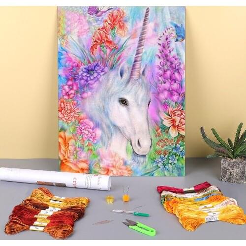 Cartoon Rainbow Unicorn Horse Animal Printed Fabric 11CT Cross-Stitch Embroidery Full Kit DMC Threads Needlework Magic
