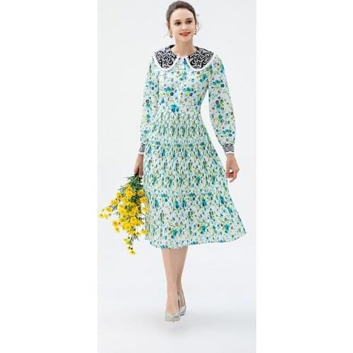 MIUXIMAO 2021 New Autumn Womens Clothing Peter Pan Collar Long Sleeve Pleated Printing Slim Waist Dress Fashion Elegant