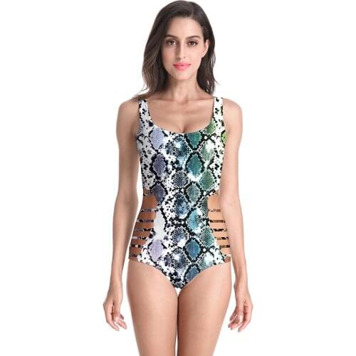 New Summer Sexy Snakeskin 3D Prints Backless Elastic Fitness One Piece Bathing Suit Bodysuits Beach Swimsuit For Women