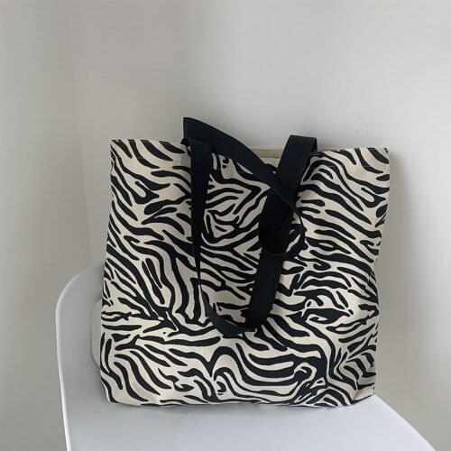Casual Zebra Pattern Shoulder Bag for Women 2021 New Female Cloth Canvas Bag Student Reusable Grocery Eco Totes Shopping Handbag