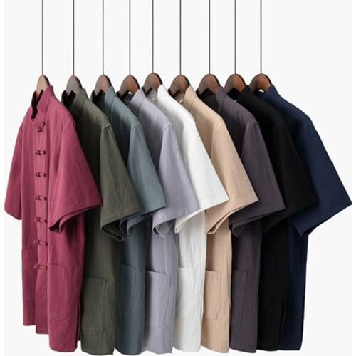 2019 Summer Cotton Linen Kung Fu Shirt Blouse Mens Short Sleeve Traditional Chinese Tang Suit Top Male Tai Chi Uniform