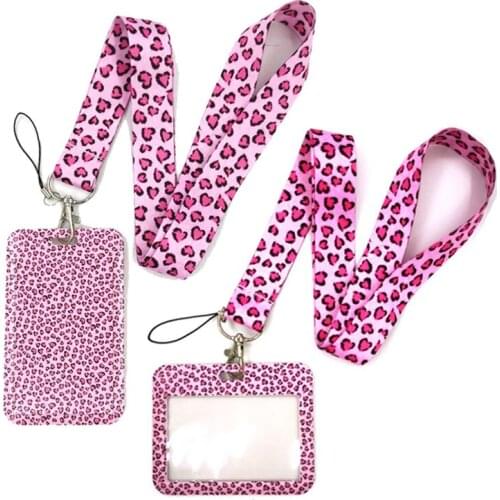 Pink Leopard Print Lanyard Credit Card ID Holder Bag Student Women Travel Card Cover Badge Car Keychain Decorations