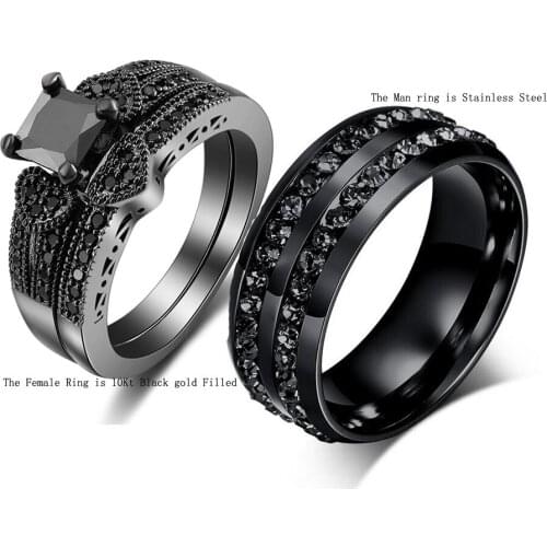 Size5-13 Choucong Fashion Jewelry 10kt Black Gold Filled Stainless Steel AAA CZ Princess Cut Women Men Wedding Couple Ring Gift