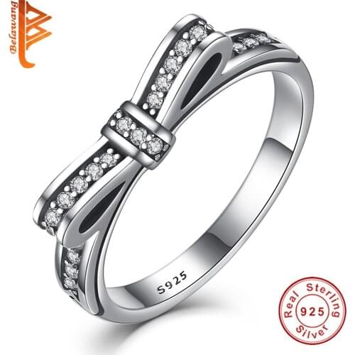 Valentines Day Authentic 100% Real 925 Sterling Silver Bow Knot Wedding Rings With Clear CZ Crystal Original Jewelry