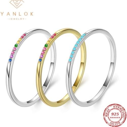 YANLOK Real 925 Sterling Silver Slim Stackable Finger Rings For Women Rainbow Color CZ Turquoise Rings Fashion Fine Jewelry