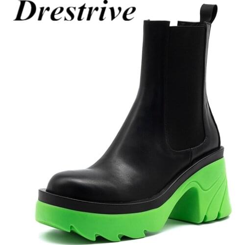 Drestrive Women Ankle Boots Cow Leather Patchwork Round Toe Black Platform 2021 Fashion Winter Shoes Thick High Heels Non Slip
