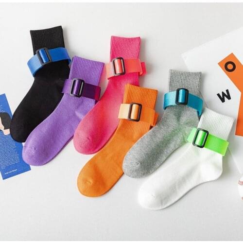 1 pair Women Fashion Buckle Socks Female Ins Tide Sports Street Skateboard Socks Fashionable Tube Pile Pile Socks