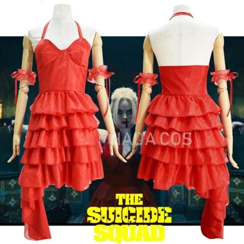 NEW Female Clown Harley Harleen Quinzel Red Dress Cosplay Costume Braces Skirt Woman Joker Halloween Christmas Gift Costumes