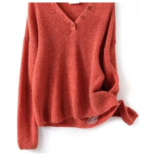 Women Sweater V-Neck Three Button Mohair Sweater
